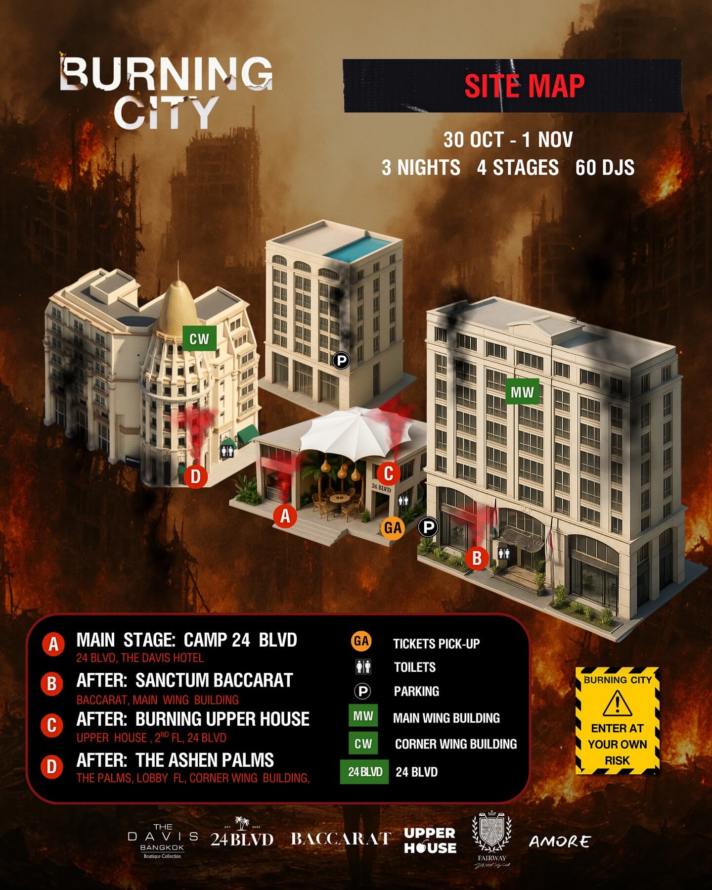 Vollständiger Lageplan aller Veranstaltungsorte der Burning City Bangkok, 2025