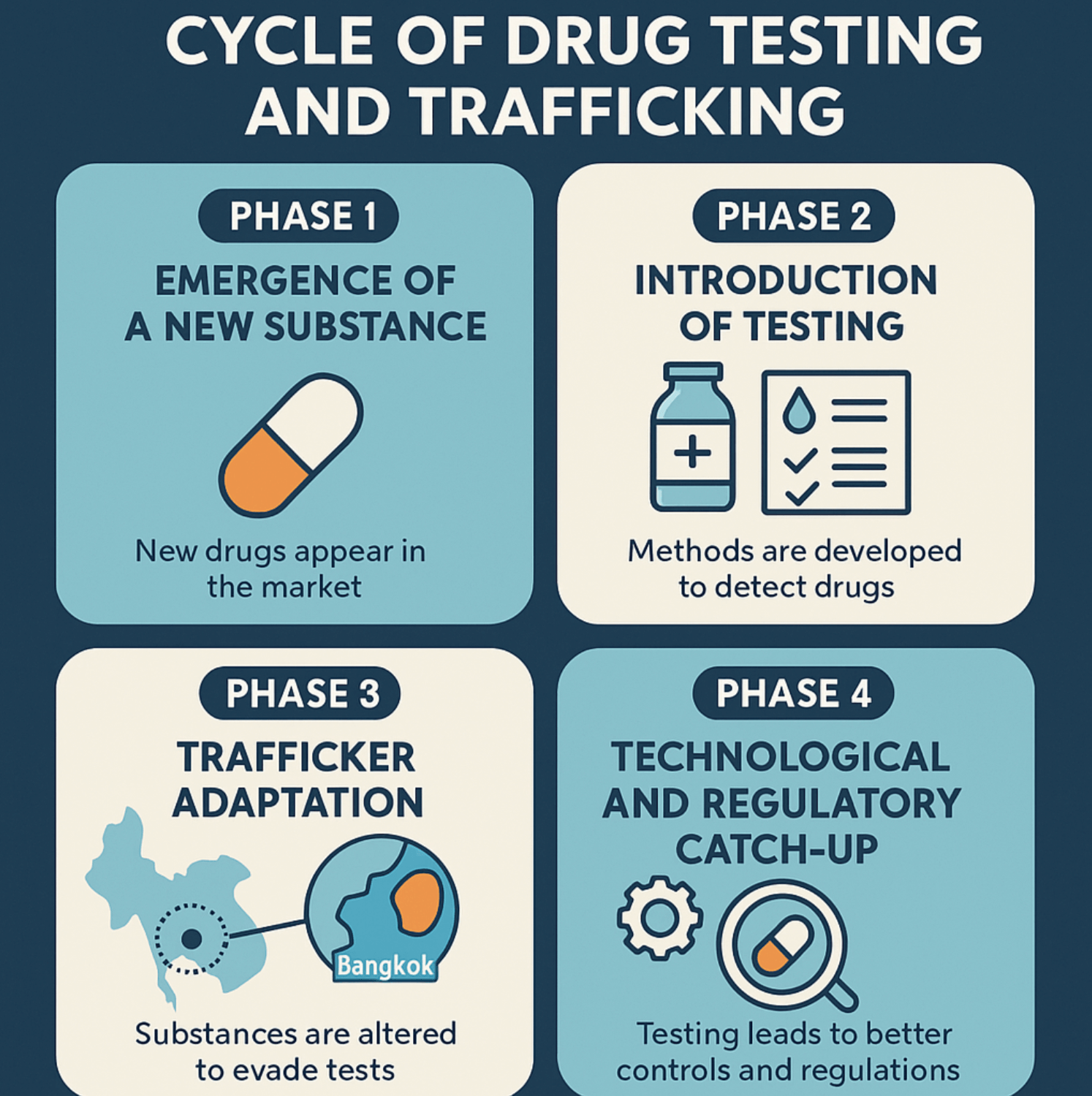 Infographic showing four phases of drug testing and trafficking