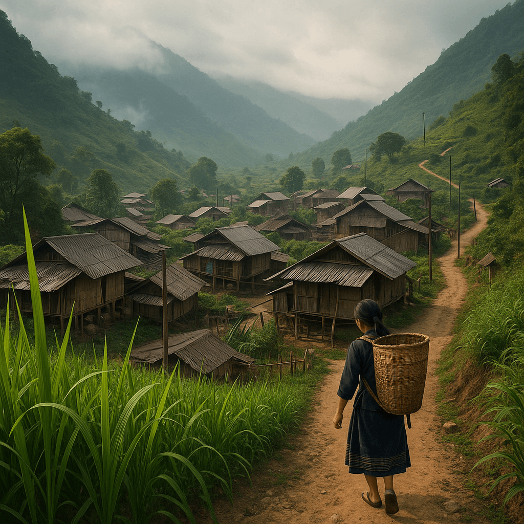 Southeast Asian mountain village with traditional homes and misty hills.