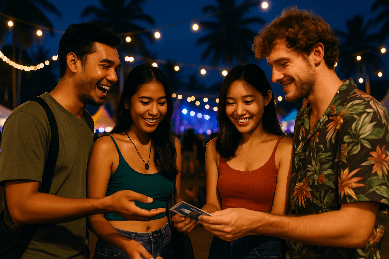 Diverse group sharing pamphlet at night festival