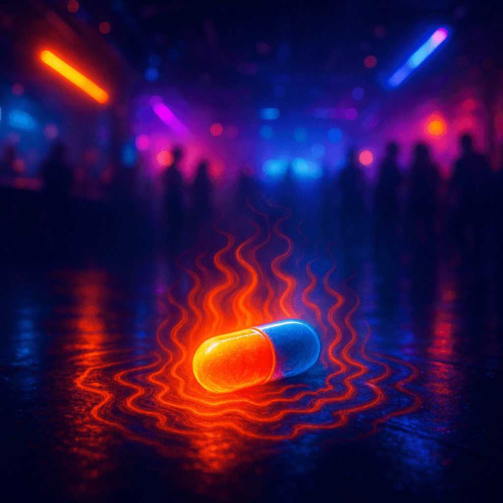 Glowing pill with heat waves on nightclub floor