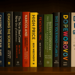 Bookshelf featuring top drug-related books
