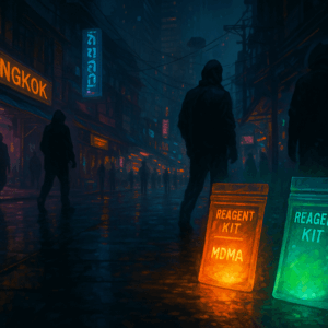 Futuristic Bangkok street with reagent test kits glowing