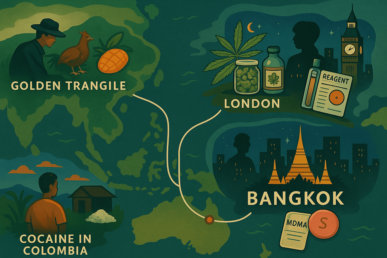 Illustrated map connecting global drug stories to Bangkok