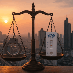 Drug test and handcuff scale over Bangkok skyline