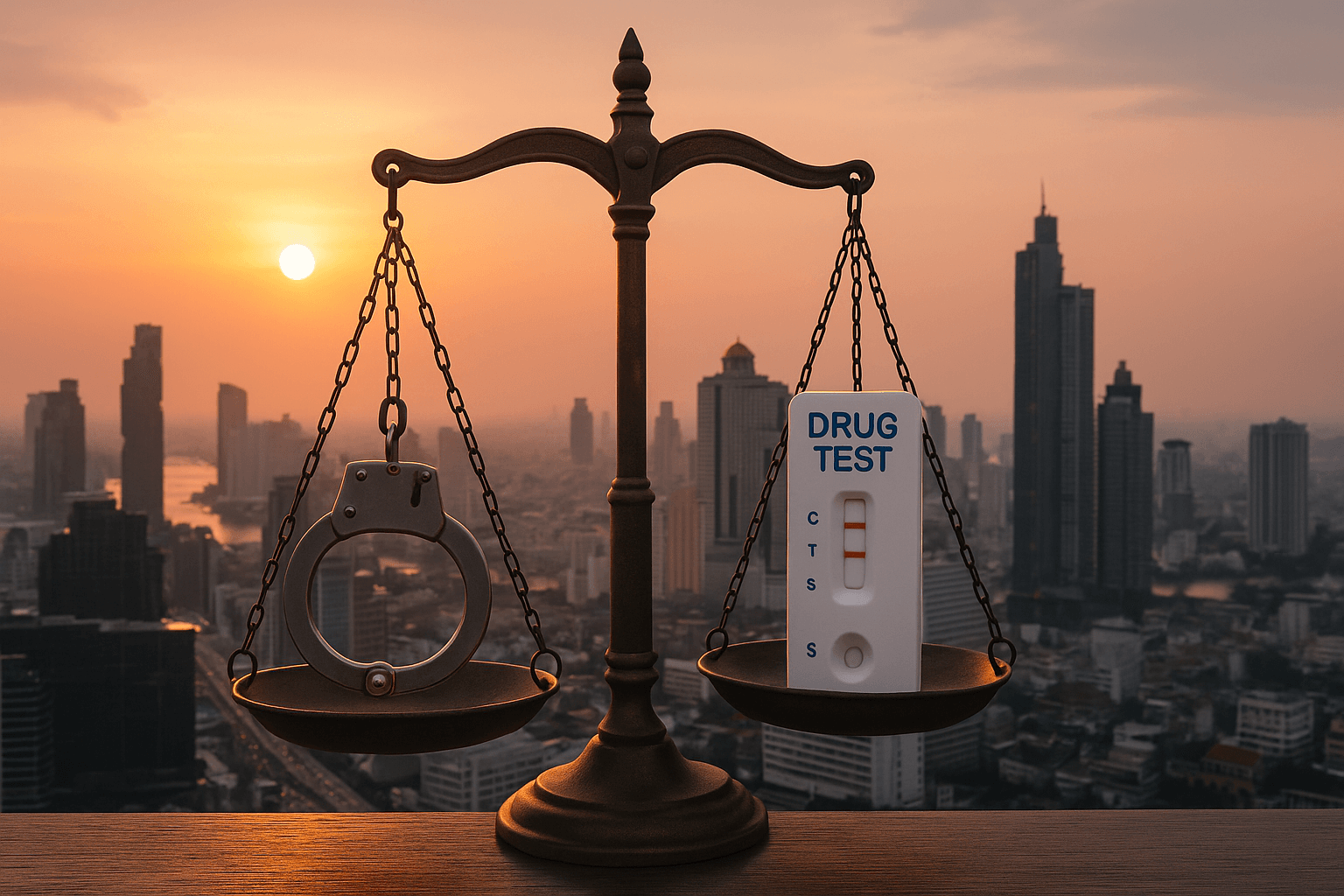 Drug test and handcuff scale over Bangkok skyline