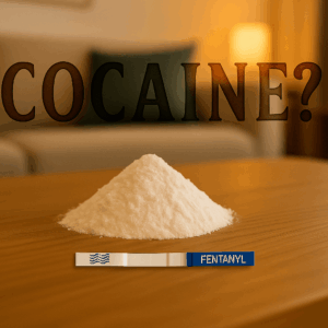 White powder with small fentanyl test strip