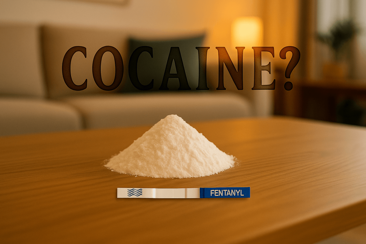 White powder with small fentanyl test strip
