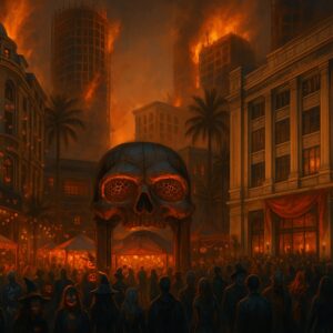 Transformed city streets of Bangkok to a Halloween theme with people in costumes and dark red hell-ish theme