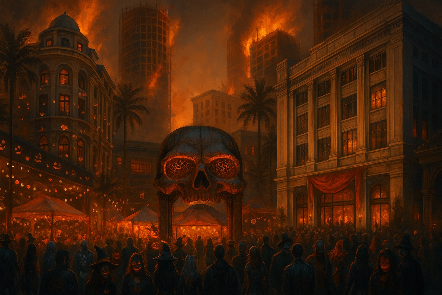 Transformed city streets of Bangkok to a Halloween theme with people in costumes and dark red hell-ish theme