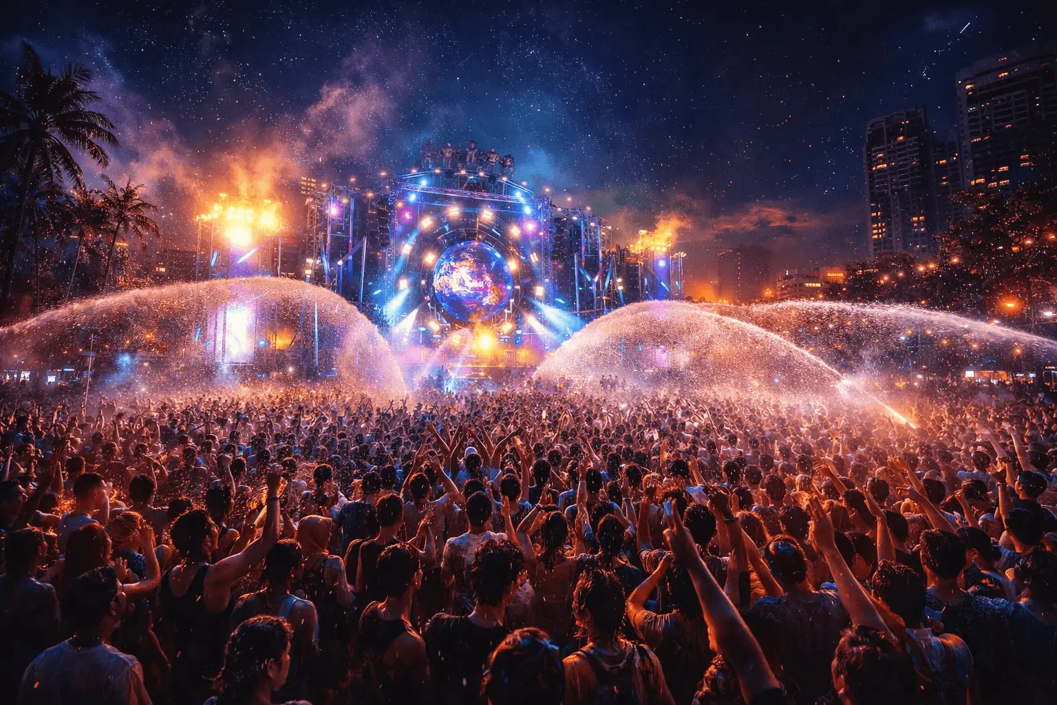 Songkran EDM festival crowd with water cannons in Bangkok